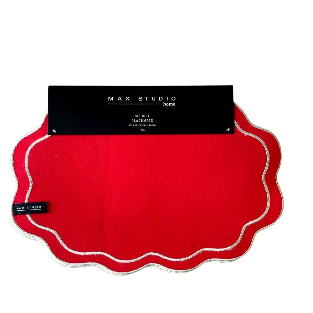Max Studio Embroidered Cotton Placemats 13x19 Red & Gold Scalloped Set of 4 NEW